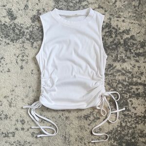 White Ribbed Drawstring Ruched Cutout Tank Top